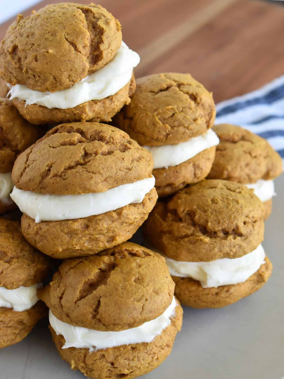 Stack of Pumpkin Whoopie Pies with Cake Mix on a plate. 