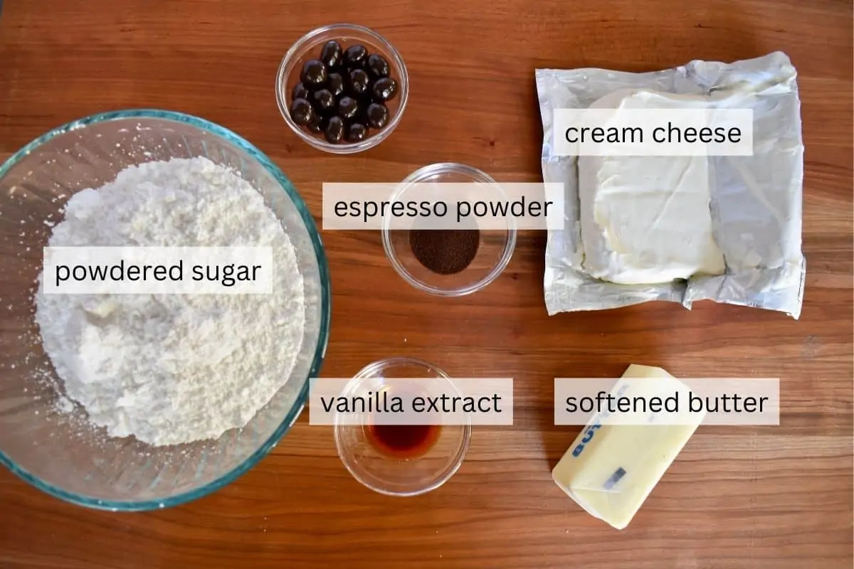 Ingredients for recipe including butter, espresso powder, and powdered sugar. 