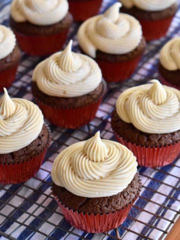Coffee Cream Cheese Frosting on chocolate cupcakes.