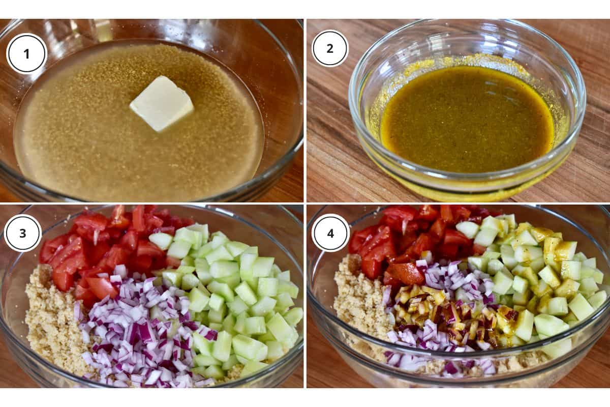 Process shots showing how to make recipe including melting the butter and making the dressing. 