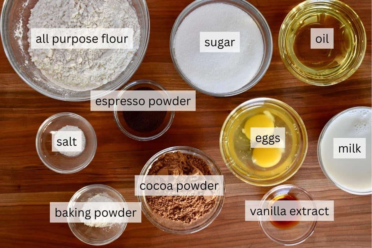 Ingredients needed for recipe including cocoa powder, oil, eggs, salt, and sugar. 