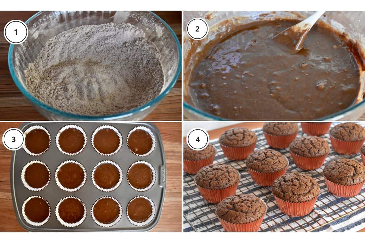 Process shots showing how to make recipe including the batter and lining the muffin tins. 