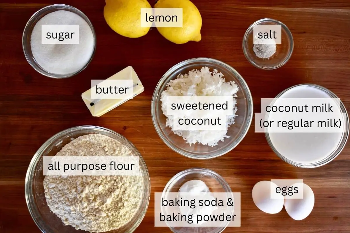 Ingredients for recipe including flour, butter, eggs, and sugar. 