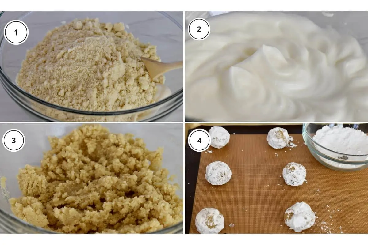Process shots showing how to make recipe including beating egg whites and rolling dough into balls. 