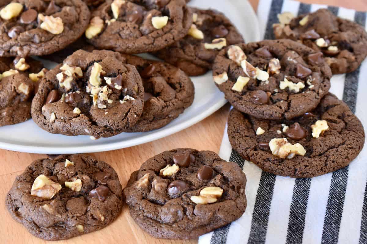 Chocolate Walnut Cookies with chocolate chips and walnuts on top. 