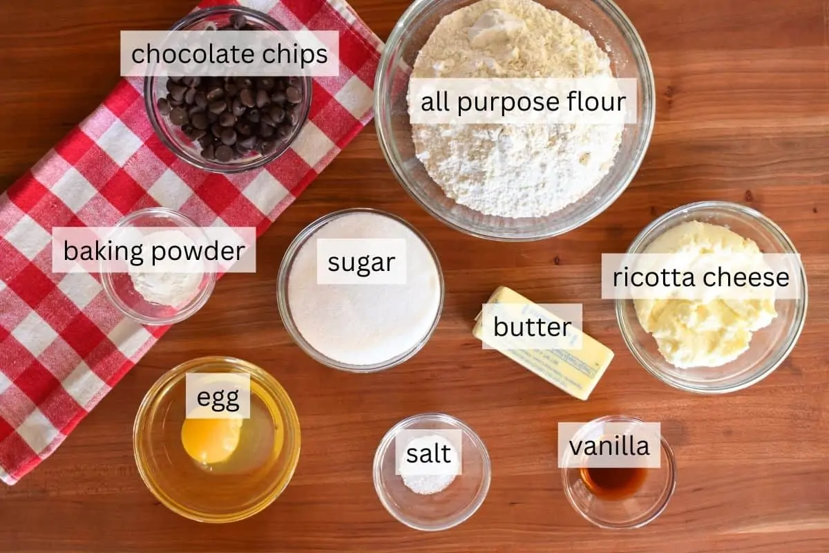 Ingredients for recipe including all purpose flour, sugar, egg, butter, and baking powder. 