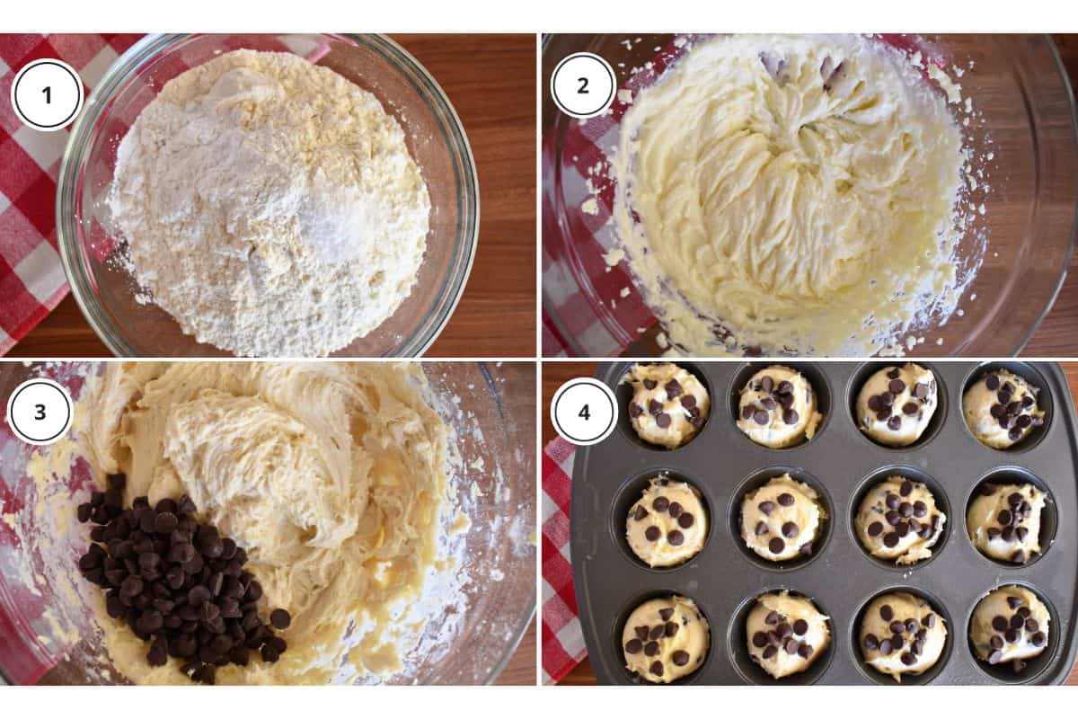 Process shots showing how to make recipe including mixing the dry ingredients and scooping into cupcake tins. 