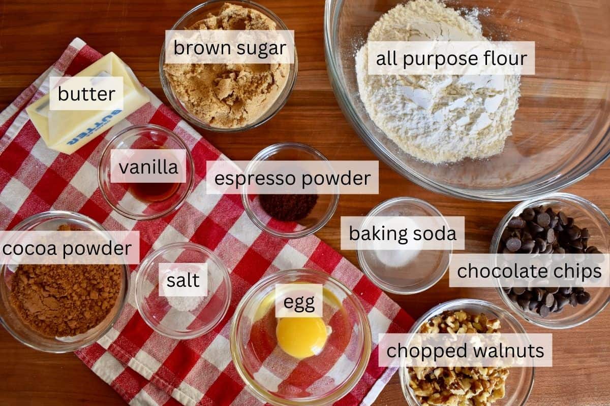 Ingredients for recipe including cocoa powder, flour, egg, and brown sugar. 