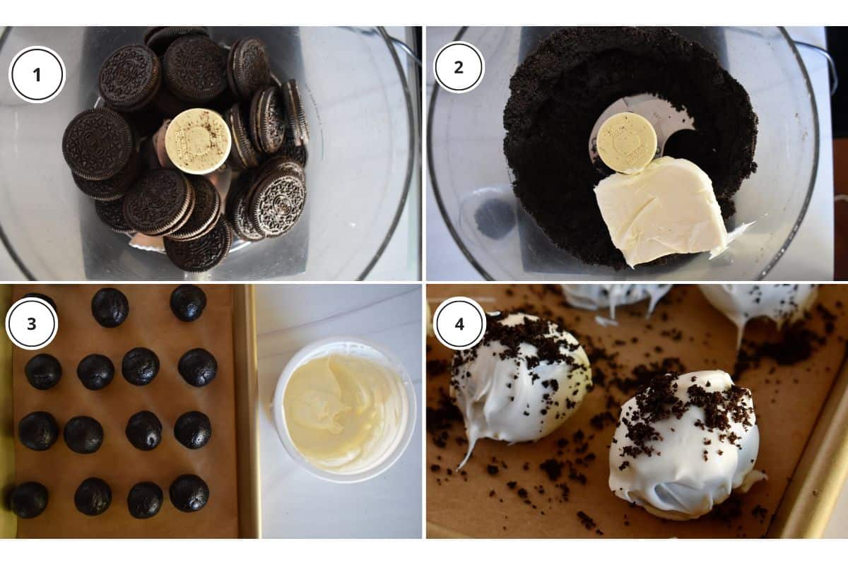 Process shots showing how to make recipe including crushing Oreos in food processor and rolling into balls 