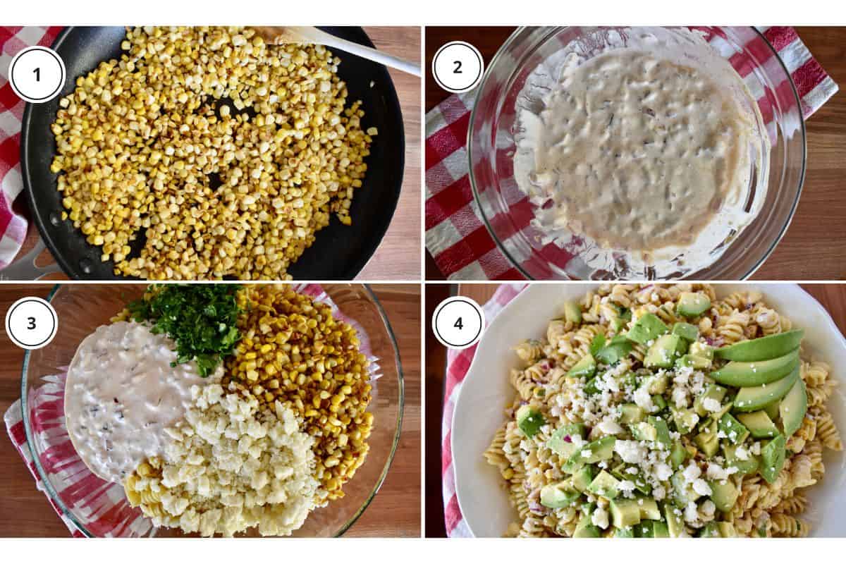 Process shots showing how to make recipe including grilling the corn and tossing the ingredients together with the dressing. 