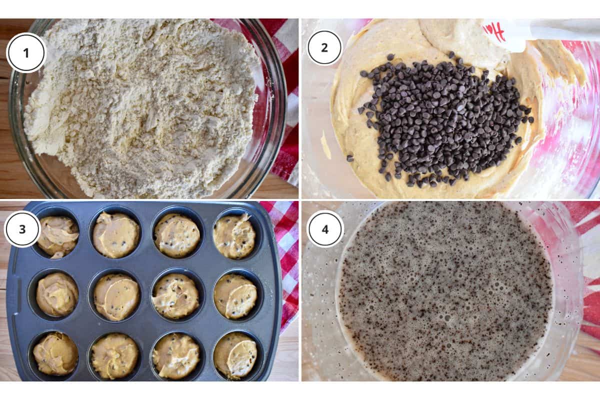 Process shots showing how to make recipe including mixing the batter, adding in the mini chocolate chips, pouring into tin, and making the topping.