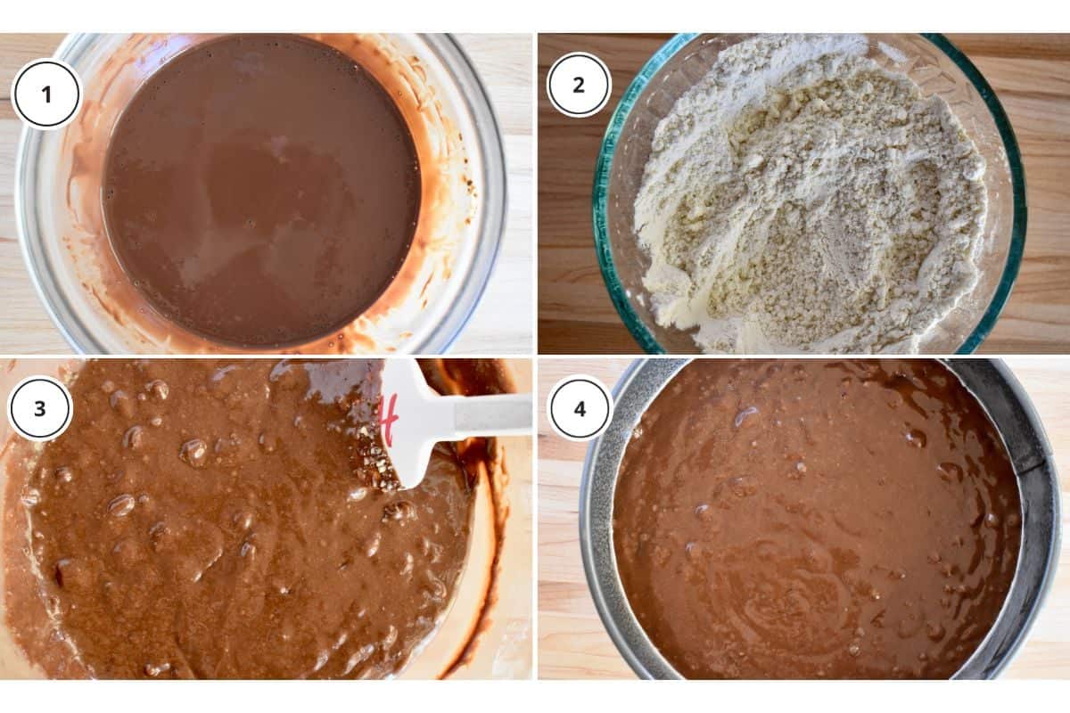 Process shots showing how to make water and cooca mixture and prep the batter. 