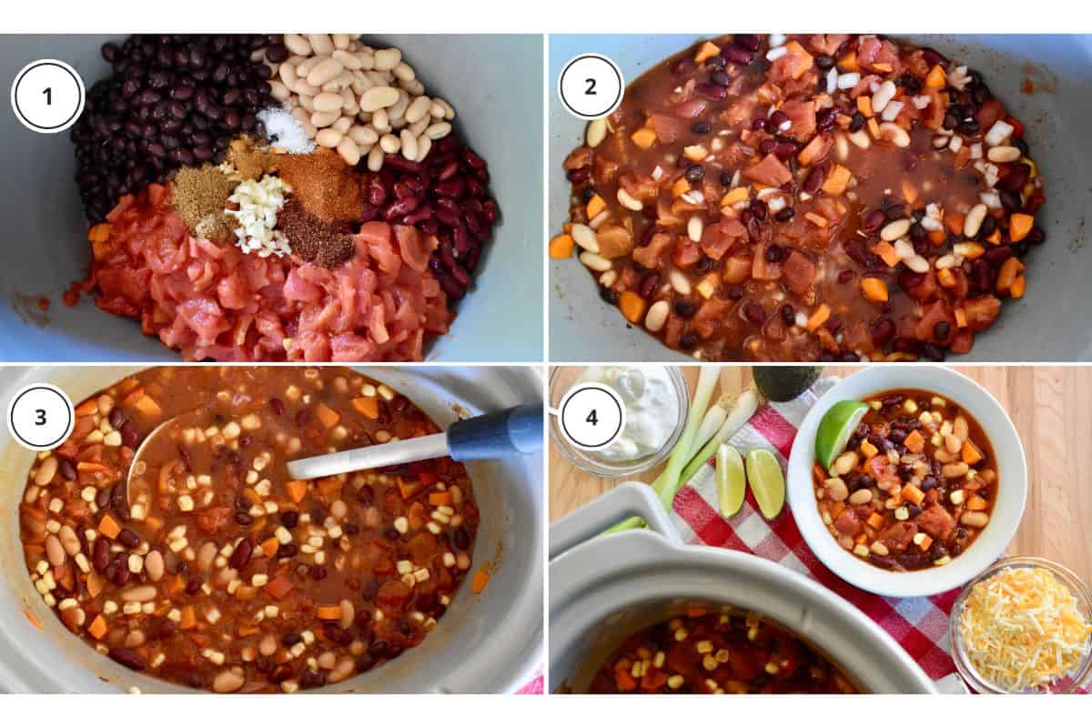 Process shots showing how to make recipe including pouring everything into the slow cooker and platting the food. 