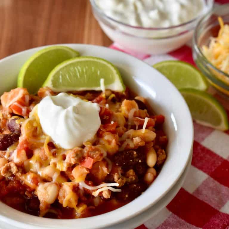 Turkey Chili with Hominy and Beans (One Pot Recipe)