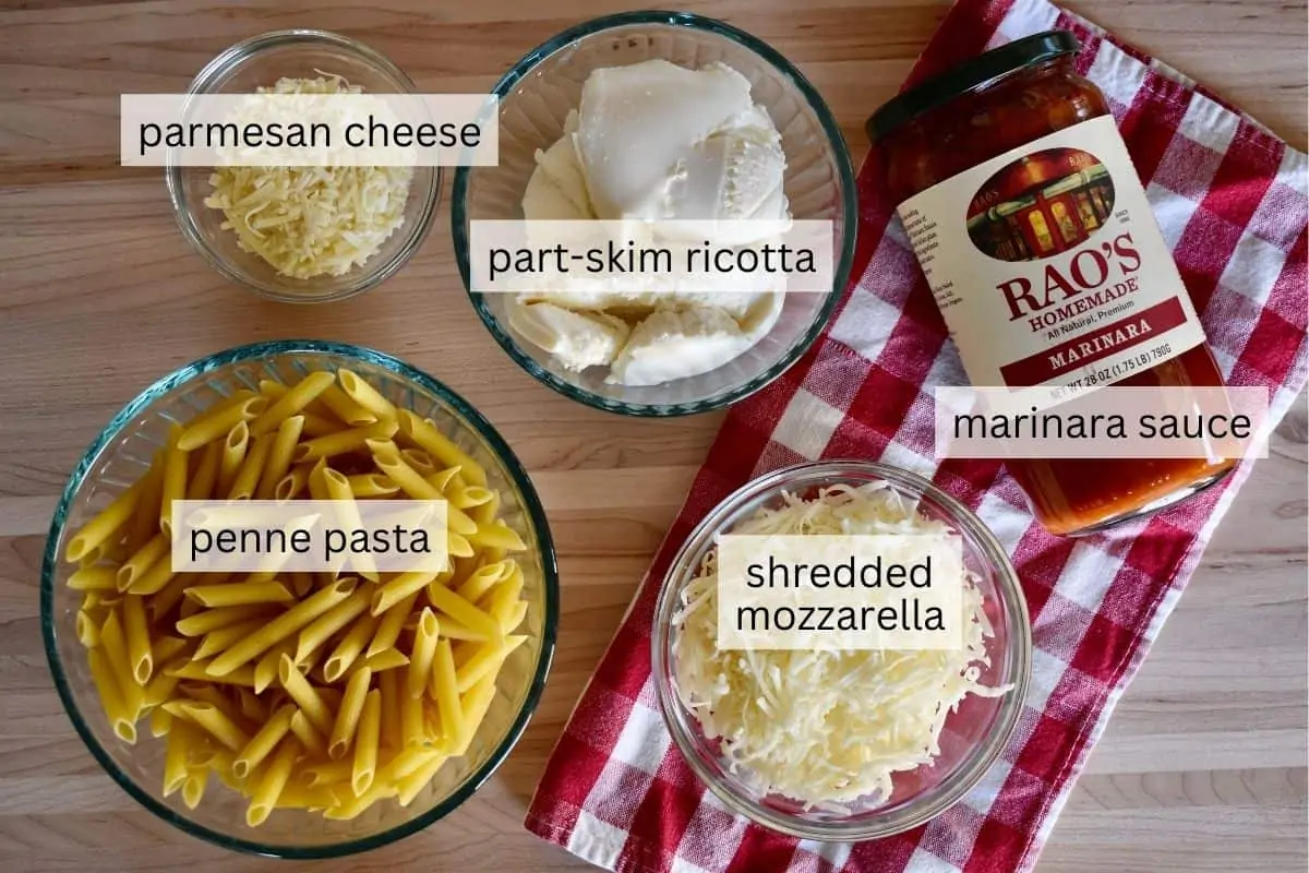 Ingredients for recipe include pasta, marinara sauce, parmesan, and mozzarella. 