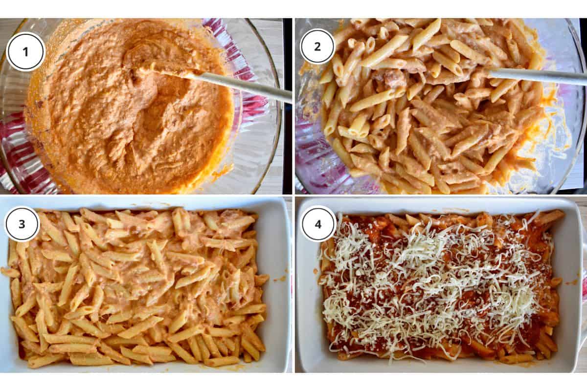 Process shots showing how to make recipe including mixing together the ingredients and add in cooked pasta and bake with mozzarella on top. 
