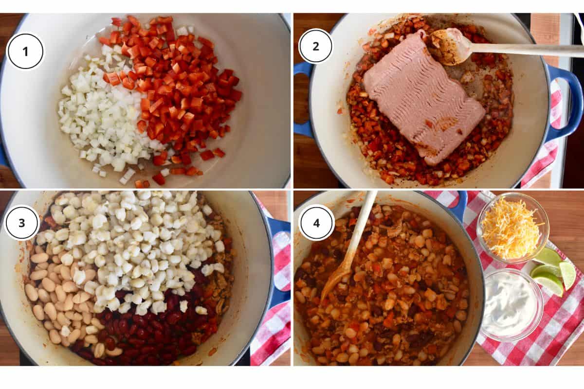 Process shots showing how to make recipe including browning the meat and adding the beans and tomatoes. 