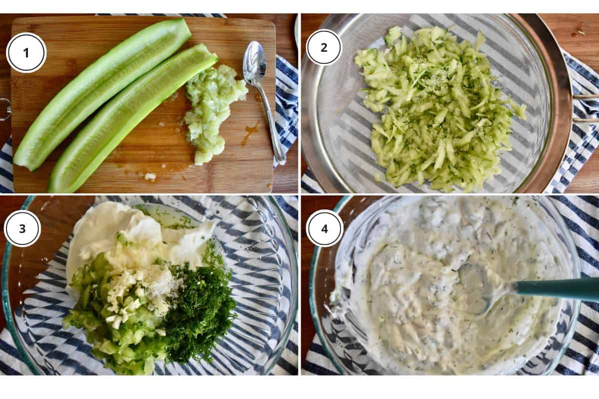 Process shots showing how to make recipe including grating the cucumber and combining the ingredients in a bowl. 