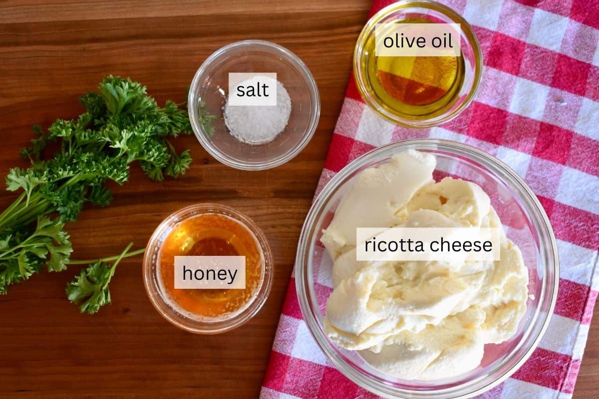 Ingredient include honey, olive oil, salt, and garnishes. 