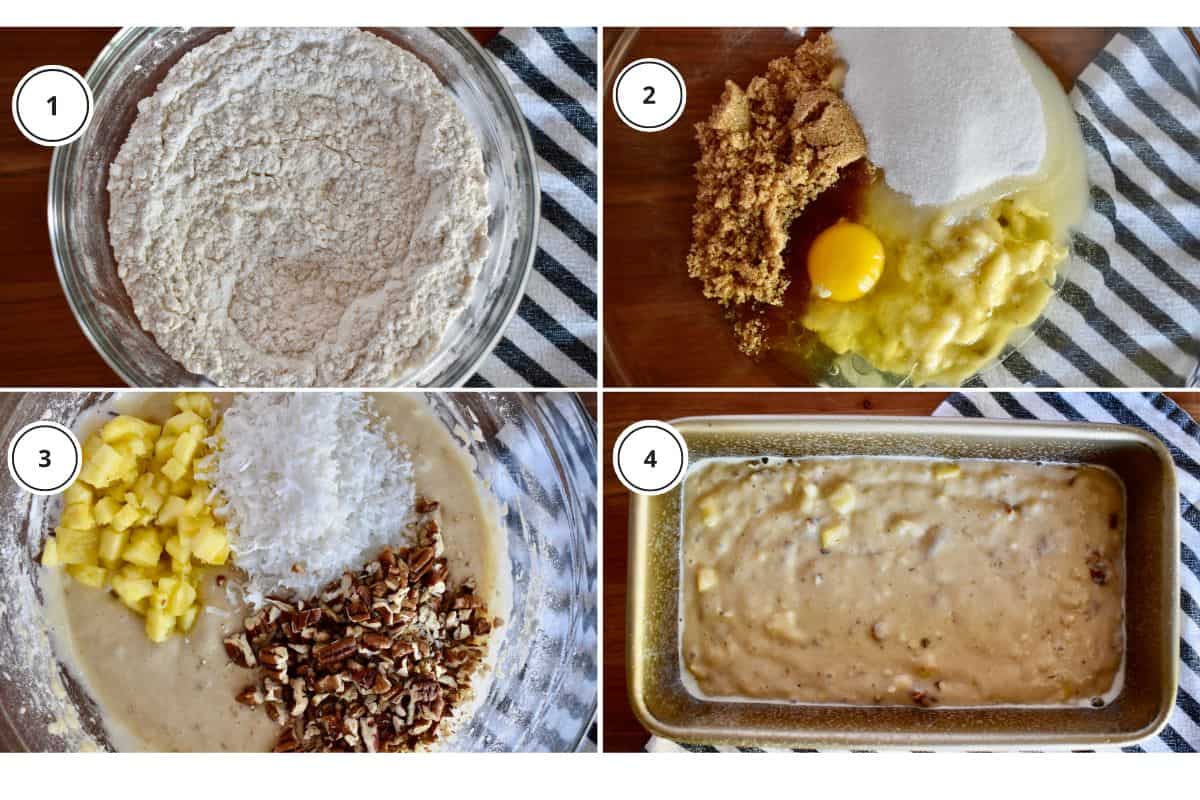Process shots showing how to make recipe including mixing the batter and baking in a loaf pan.