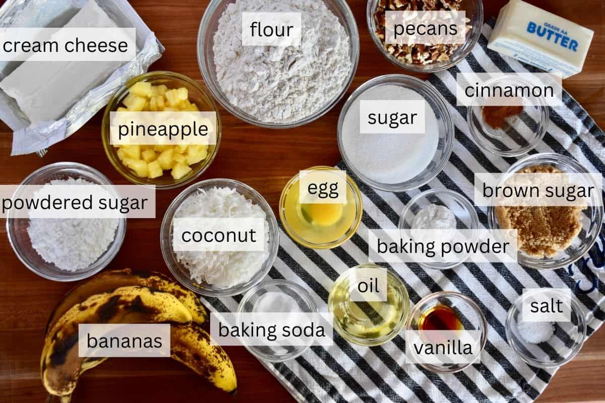Ingredients for recipe include bananas, pineapple, pecans, shredded coconut, flour, sugar, and egg. 