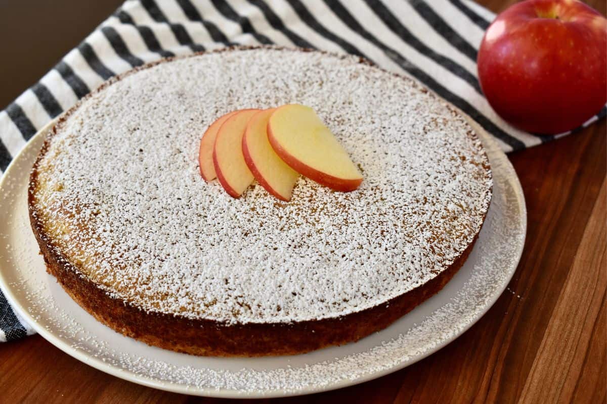 Almond Flour Apple Cake with powdered sugar on top. 