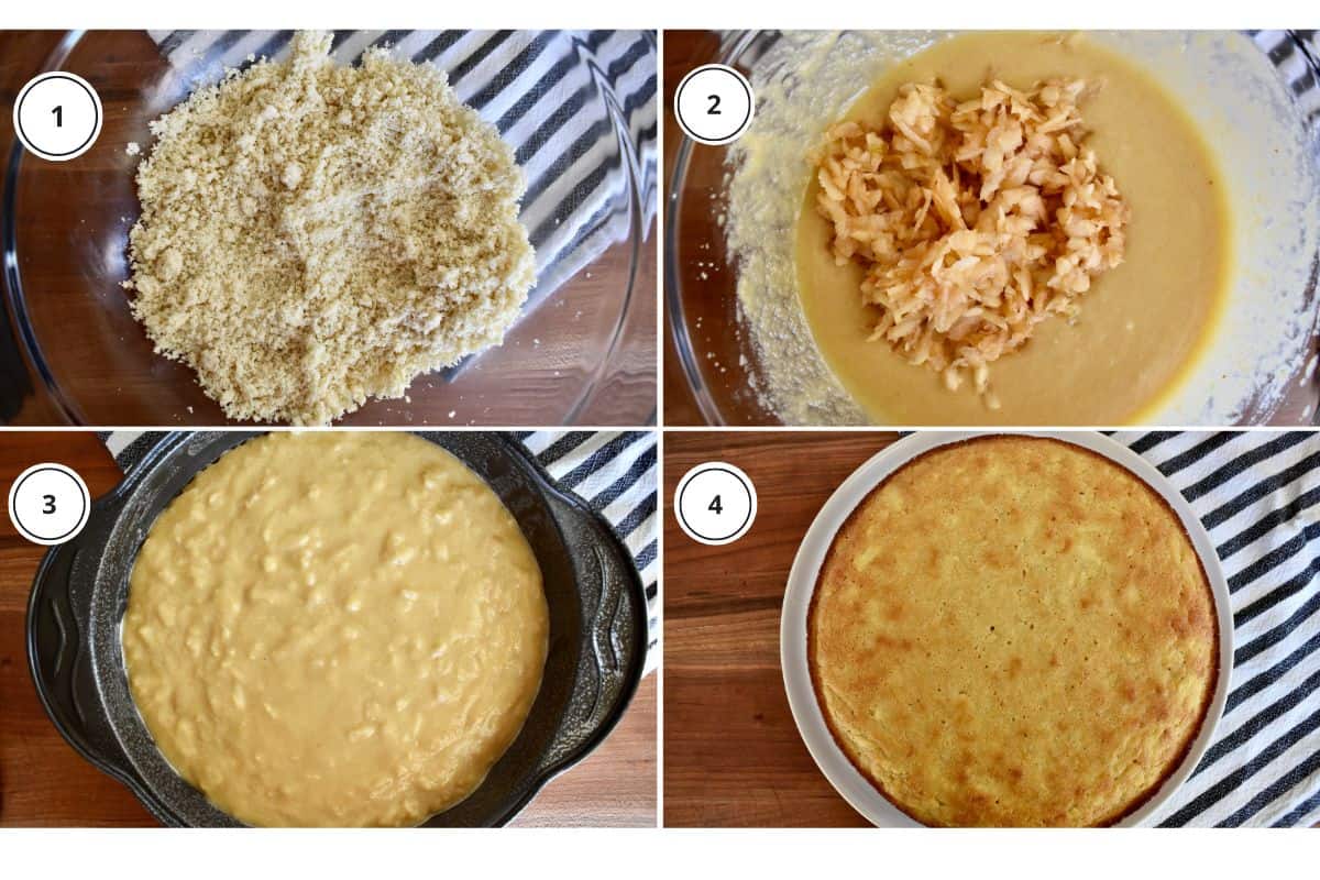 Process shots showing how to make recipe including mixing the batter and pouring into pan. 