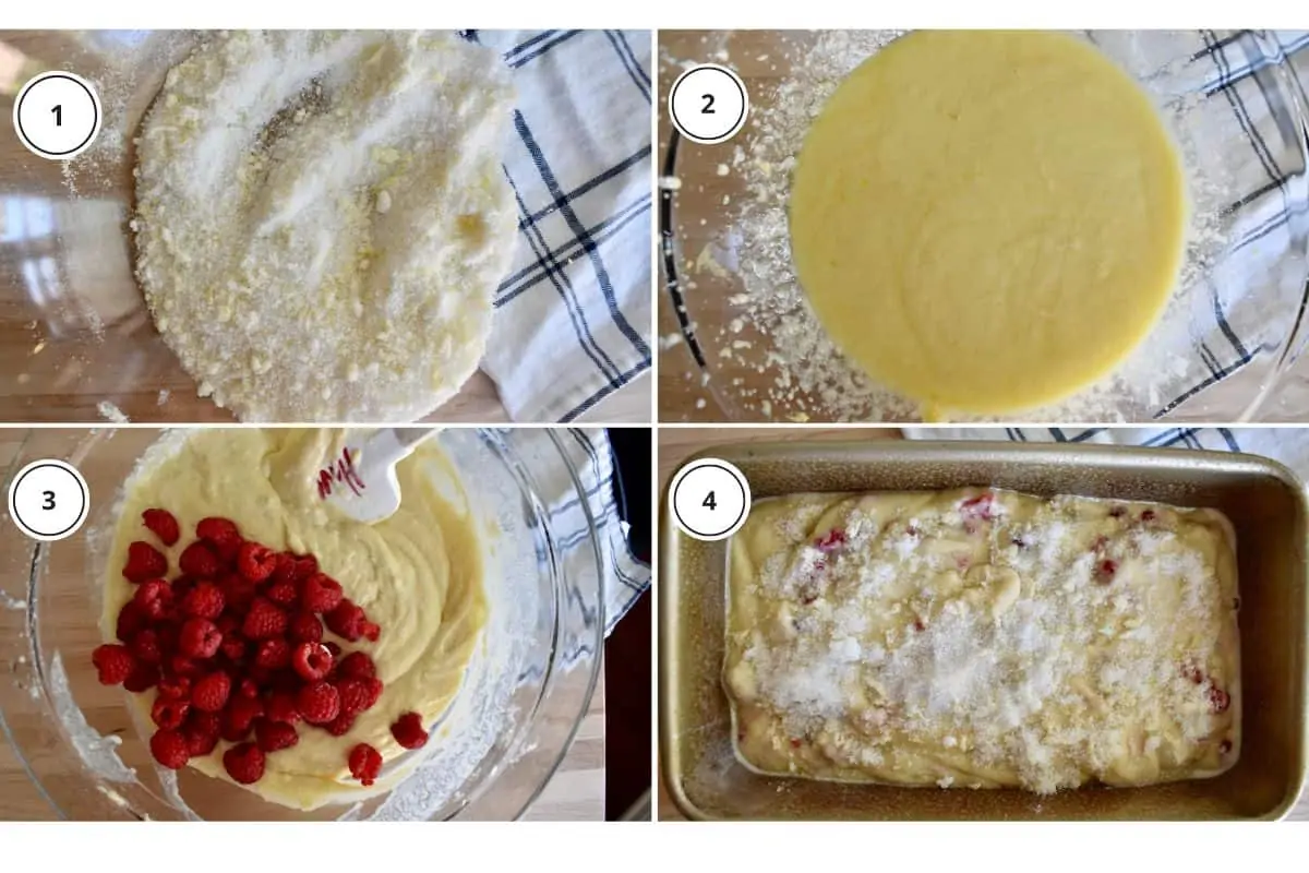 Process shots showing how to make recipe including the sugar with zest and cake batter. 