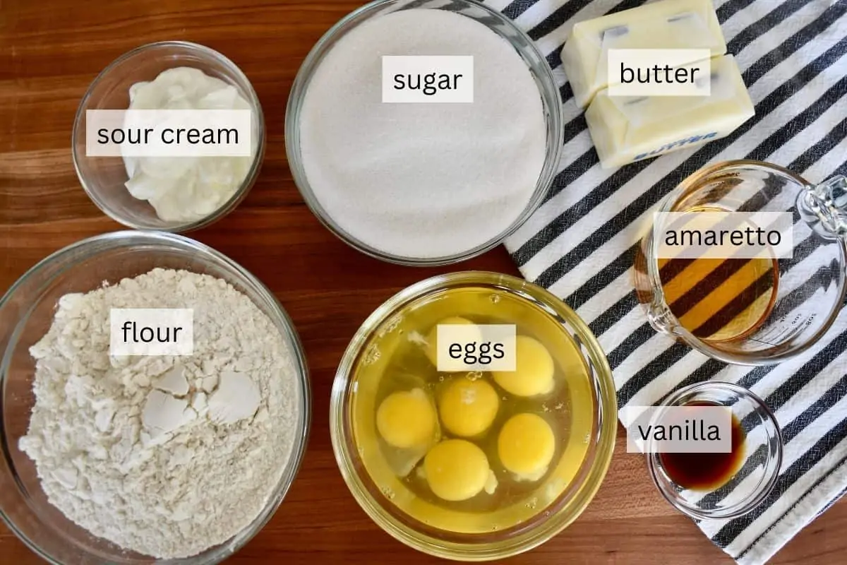 Ingredients for recipe including sugar, eggs, flour, and sour cream. 