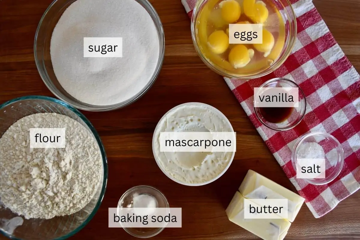 Ingredients for recipe including eggs, flour, and sugar. 