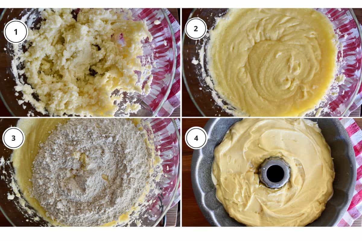 Process shots showing how to make recipe including mixing the batter and pouring into bundt cake pan. 