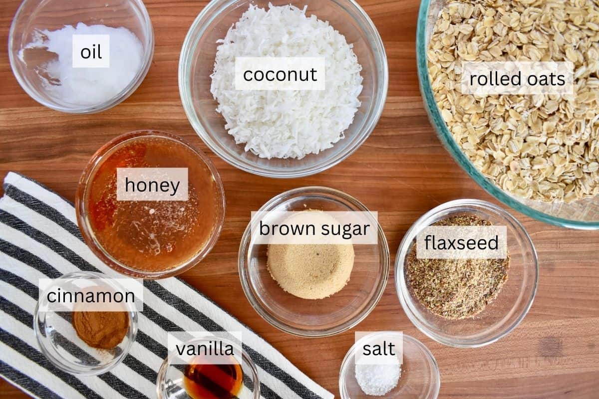 Ingredients including rolled oats, brown sugar, honey, vanilla, oil, and salt. 