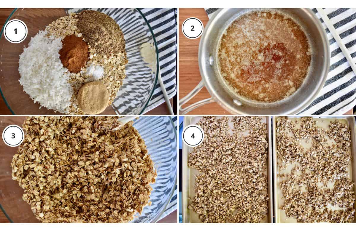 Process shots showing how to make recipe including combining the oats with ingredients and simmering the honey and oil in a pot. 