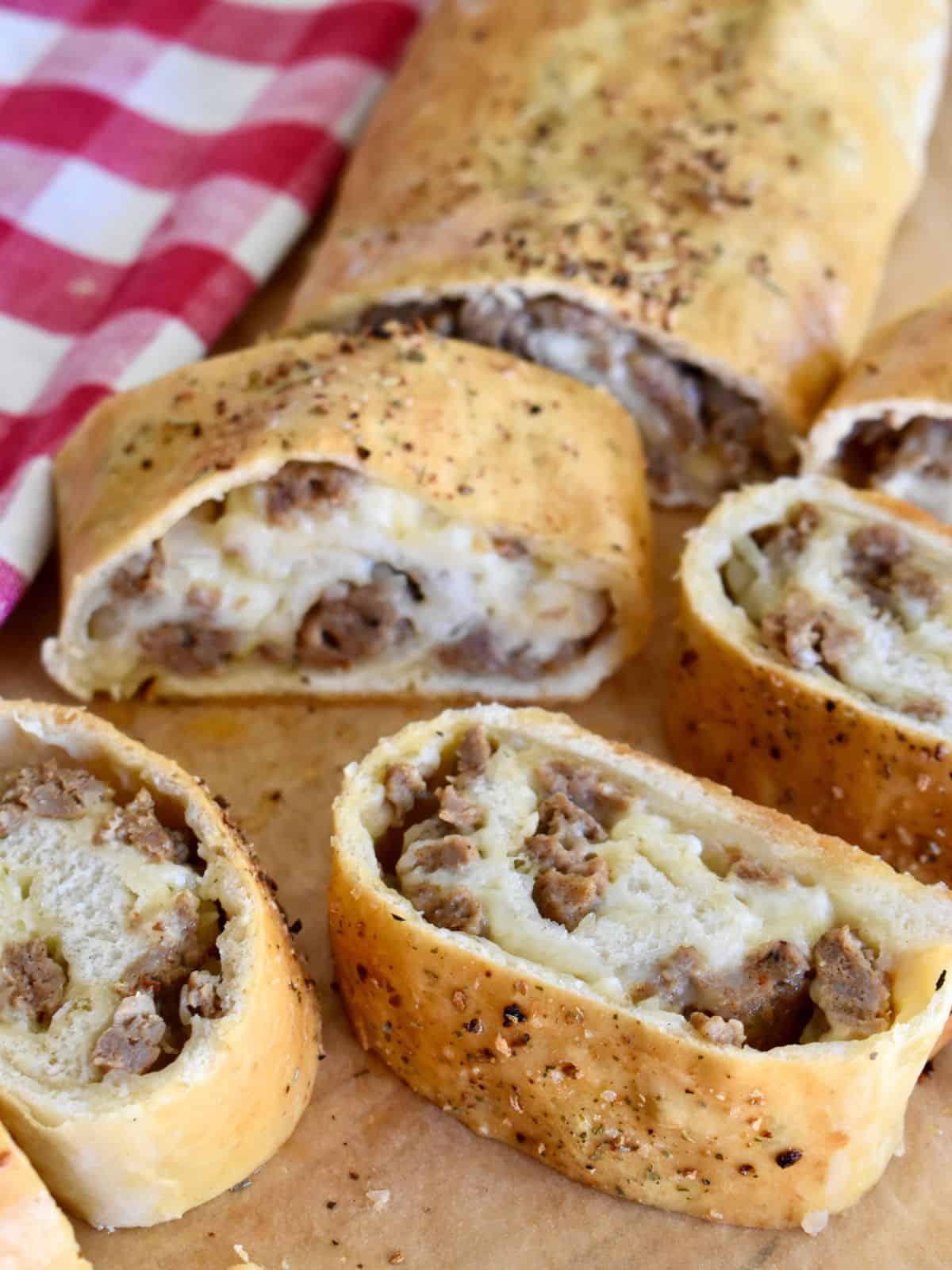 Italian Sausage Bread sliced and ready to serve. 