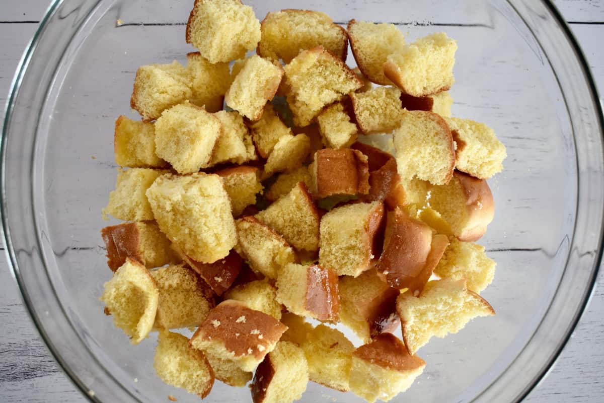 Brioche Croutons in a glass bowl.