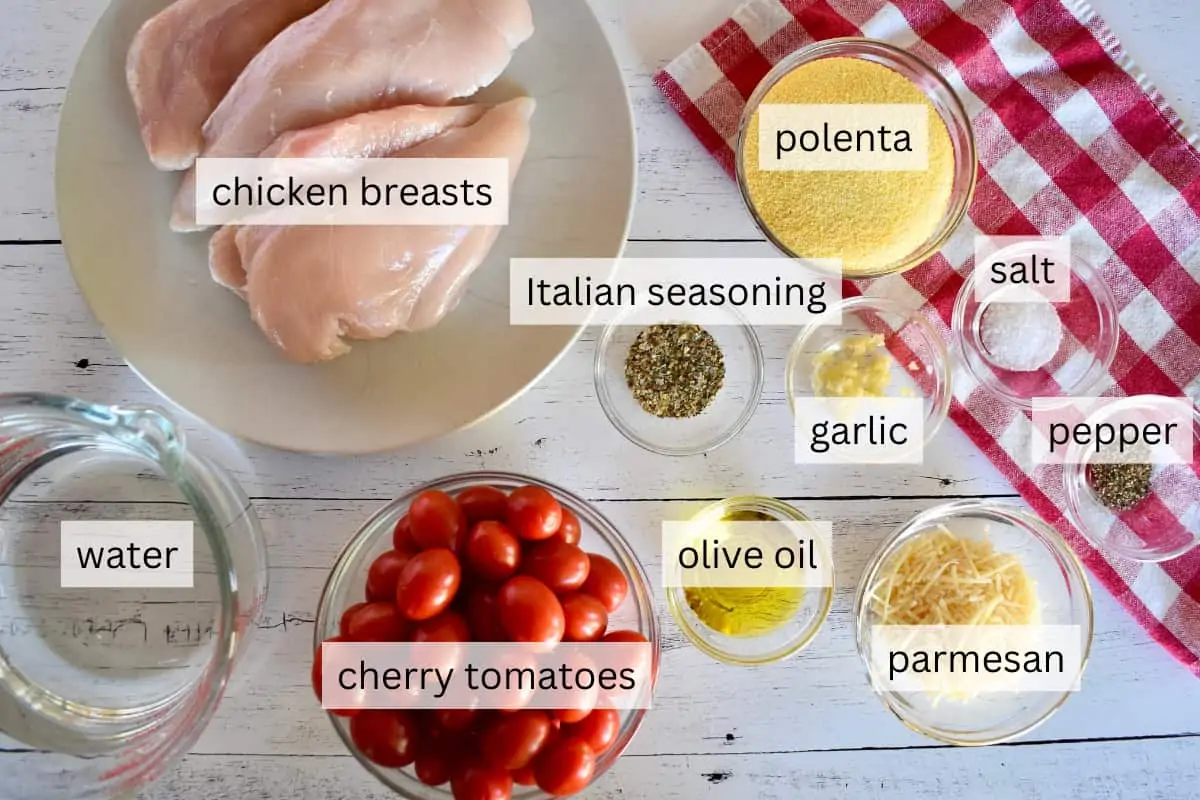 Ingredients for recipe include cherry tomatoes, cornmeal, parmesan and seasonings. 