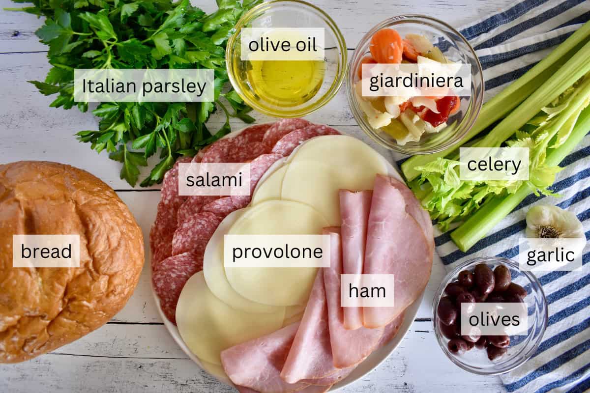 Ingredients for recipe include ham, provolone, salami, olives, and celery. 