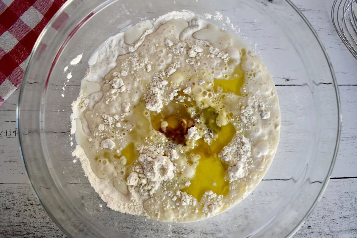 Batter for recipe in a glass bowl. 