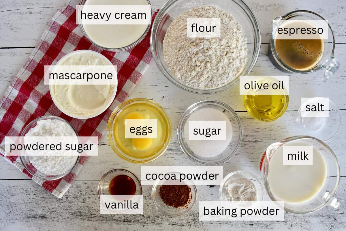 Ingredients for recipe include brewed espresso, mascarpone, heavy cream, flour, sugar, and eggs. 