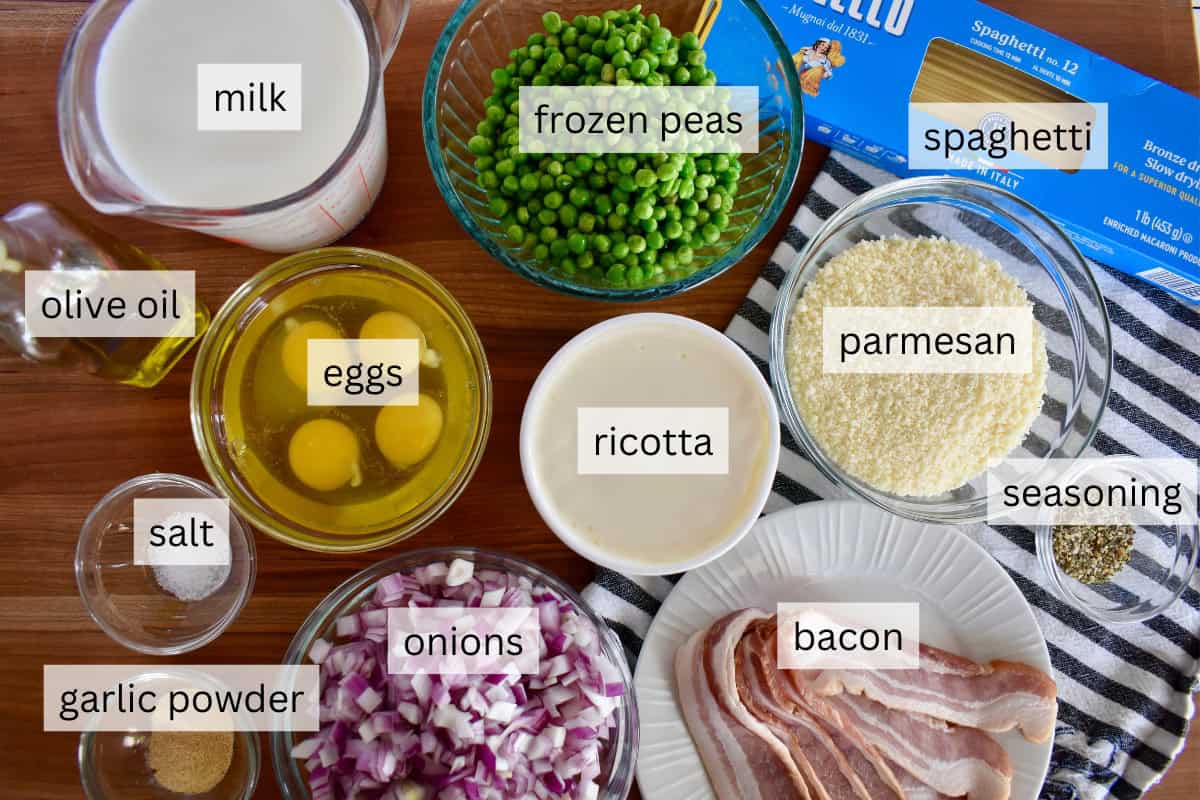 Ingredients include eggs, red onions, bacon, and frozen peas.