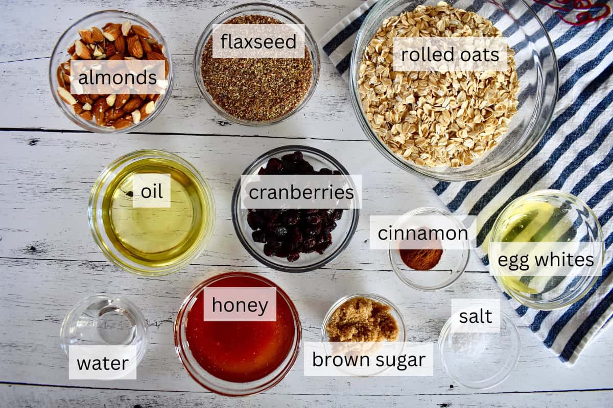 Ingredients for recipe include rolled oats, honey, almonds, and flax seed.