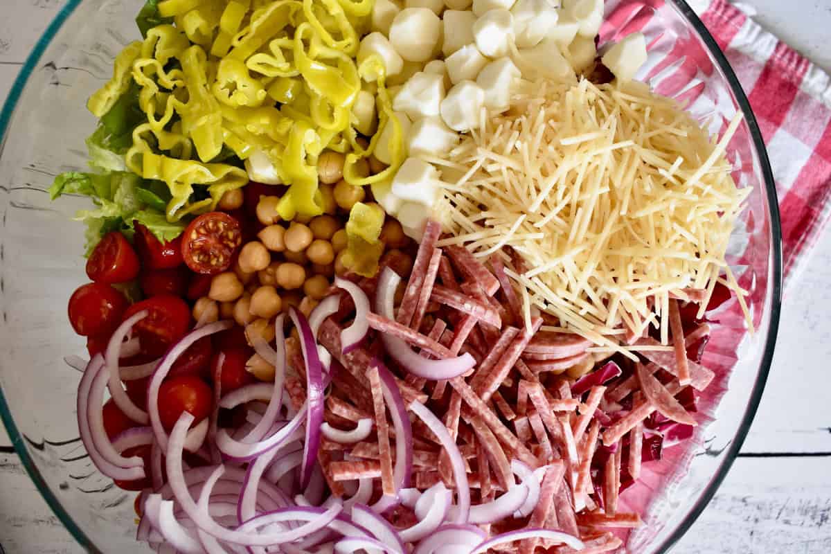 Lettuce, salami, red onion, cheese, pepperoncini, cherry tomatoes, and parmesan in a large glass bowl.
