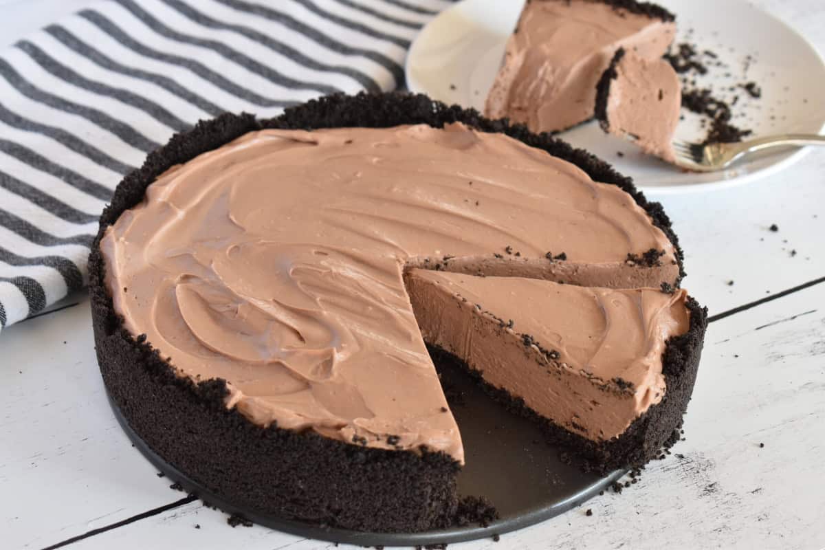 No Bake Chocolate Cheesecake in a pan.