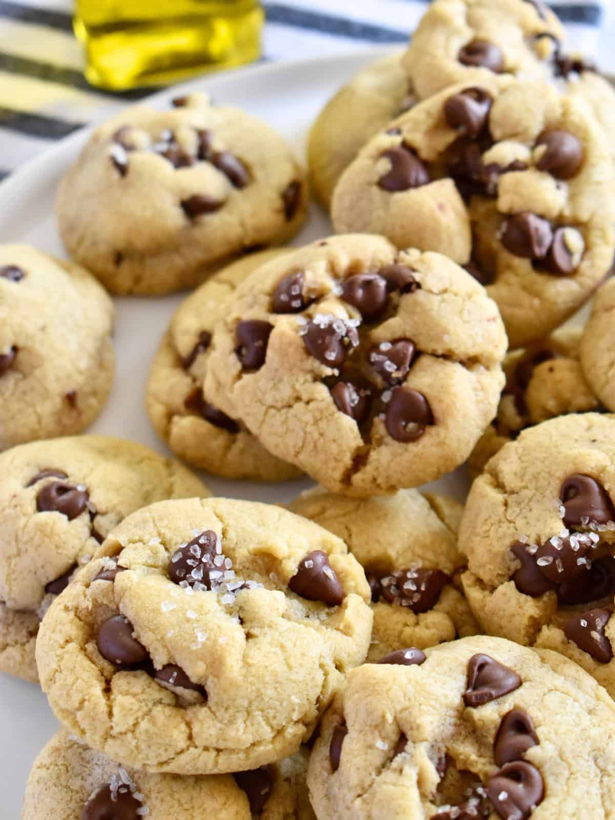 Olive Oil Chocolate Chip Cookies on a plate.