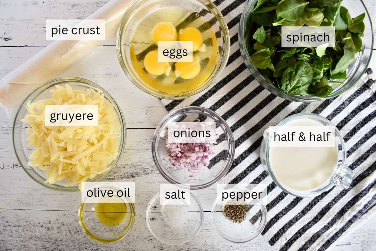 Ingredients for recipe include store bought pie crust, eggs, cheese, and onions. 