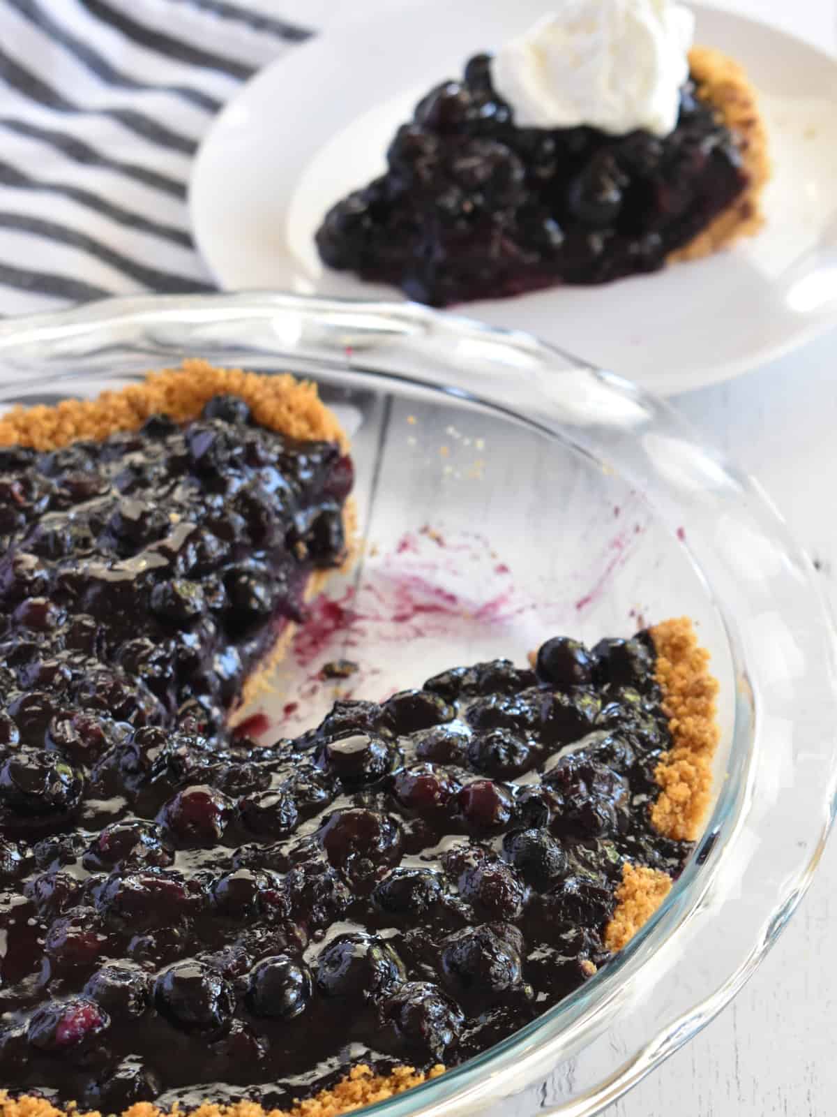 Blueberry Pie with Graham Cracker Crust on a white plate. 