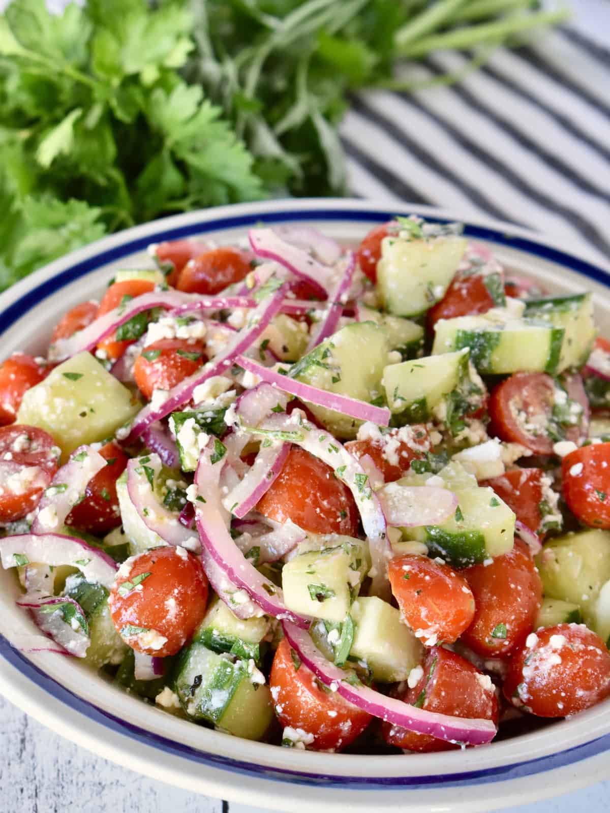 Cucumber Tomato Feta Salad with red onions in a bowl.