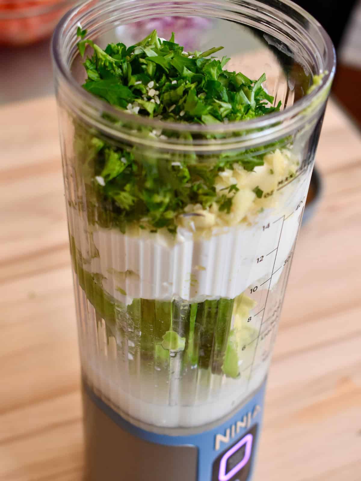 Ingredients for avocado dressing in a small blender.