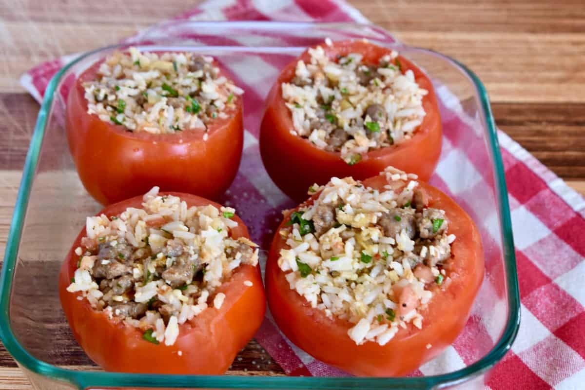Unbaked recipe in a glass baking dish.