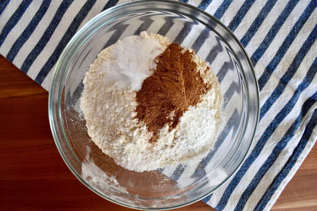 Dry ingredients in a glass bowl.